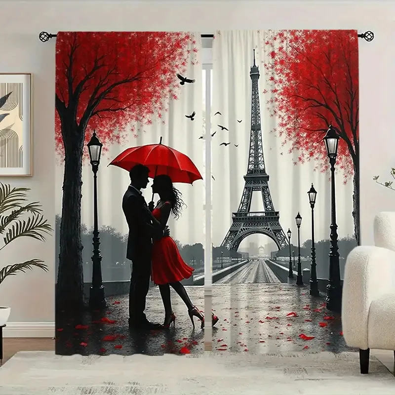 Paris Romance Curtain, Eiffel Tower Red Umbrella Print Drapes, Couple Silhouette Window Curtains, Bedroom Living Room Decor