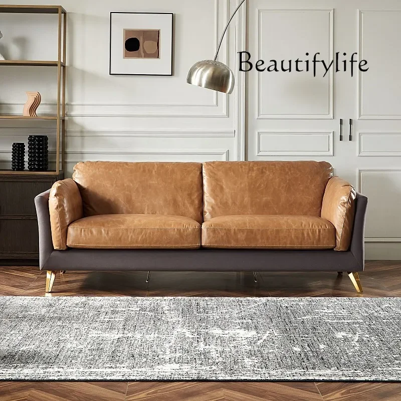 

Nordic Living Room Retro down Three-Seat Sofa Modern Simple Leather Sofa Small Apartment