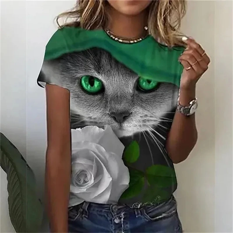 Cute Cat 3D Animel Graphic T ShirtS For Women Casual Fashion Tops Short Sleeve O Neck Tees Breathable Comfortable Female Top