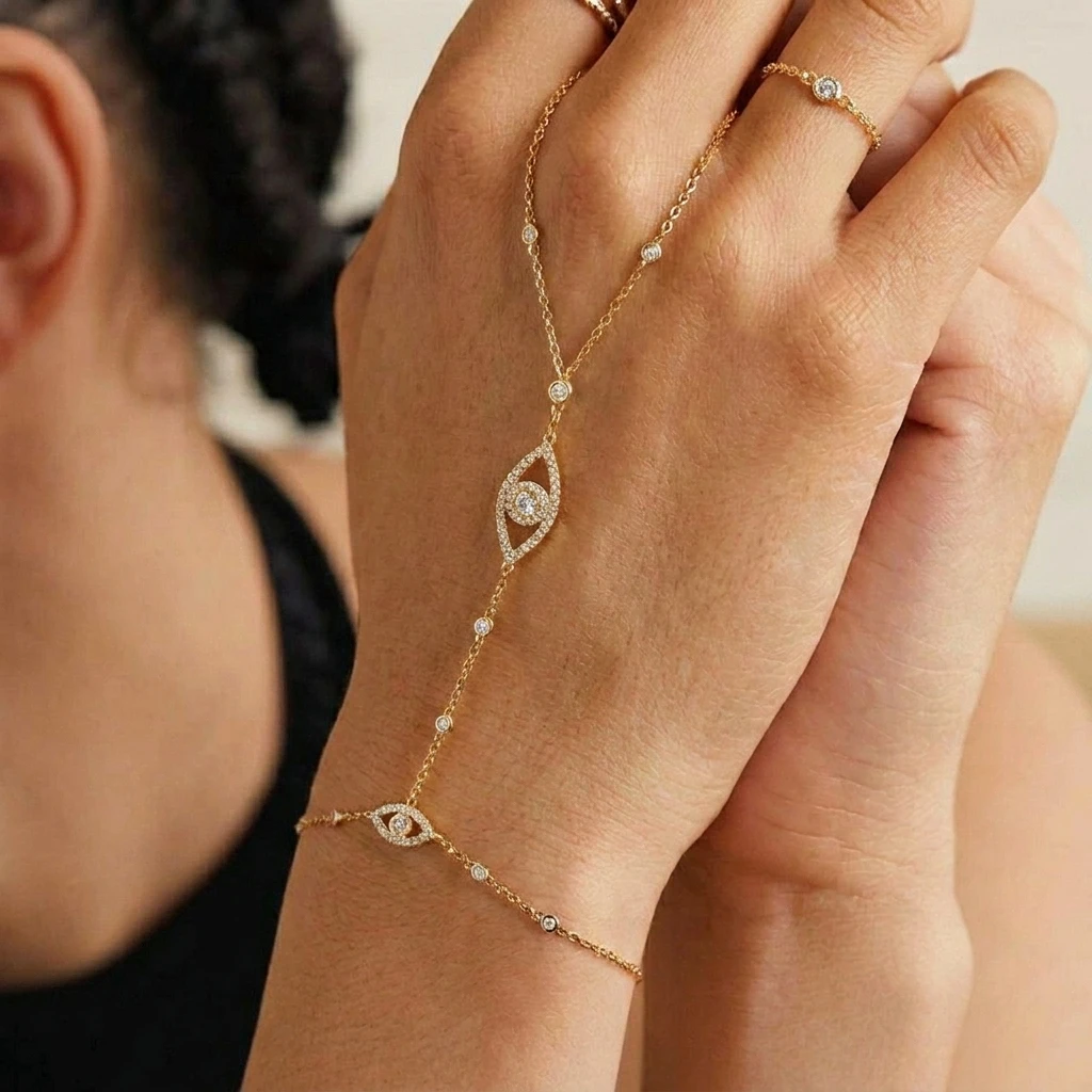 Vintage Goldfarben Verbundene Fingerring-Armbänder für Frauen Glänzende Kristall-Zirkon Böser Blick Gliederketten-Armbänder Party-Schmuck