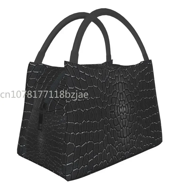 Black Crocodile Skin Leather 3D Print Insulated Lunch Tote Bag for Women Alligator Texture Resuable Thermal Cooler Bento Box