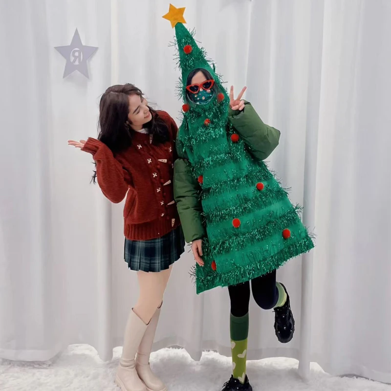 Christmas Tree Cosplay Jumpsuit Holiday Party Funny Costumes Halloween Performance Prank Santa Claus Xmas Ornament Gift Present