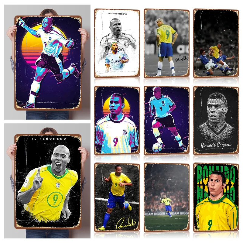 Pósteres de Metal de fútbol de Ronaldo Nazario, arte de pared personalizado, carteles de Metal Retro Vintage para decoración del hogar Mancave, decoración de casa de juegos