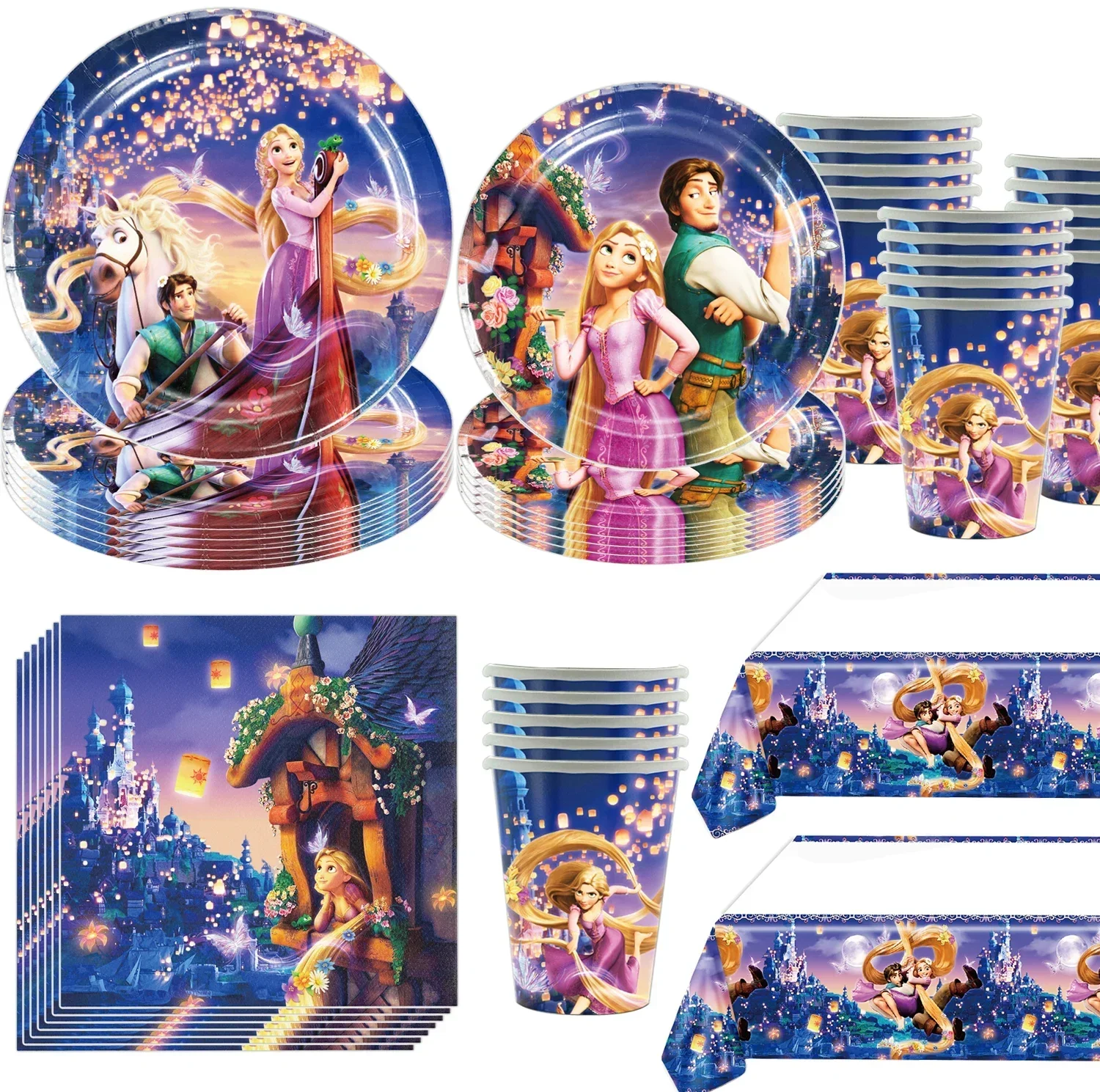 Animated Film Tangled Rapunzel Theme Party Supplies Tableware Cup Plate Napkin Flag Baby Shower Balloons Birthday Party Decor