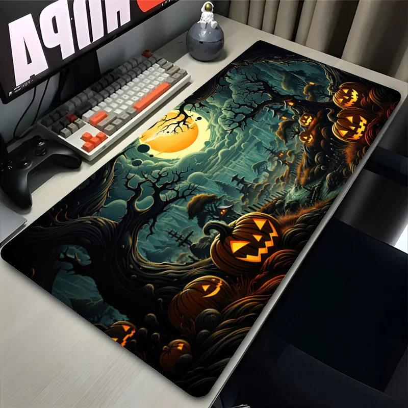 

Anime Gaming Desk Mat Large Mouse Pad Halloween Night themed extended Mouse Mat Luminous Pumpkin Lantern and Full Moon Mousepad