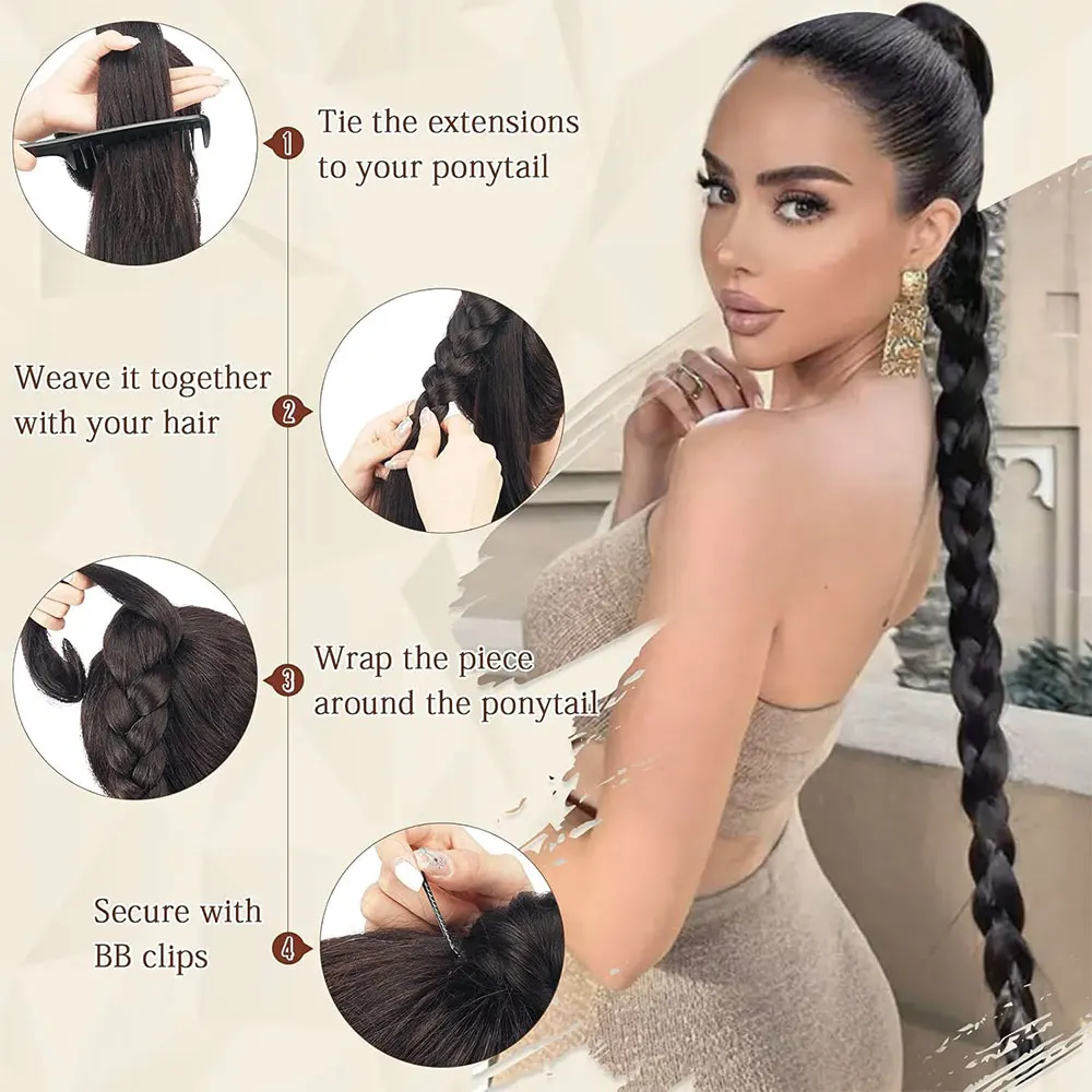 Snoilite Synthetic 24inch Long Braided Ponytail Hair Extensions Fake Boxing Braids Wrap Around Chignon Tail With Rubber Band