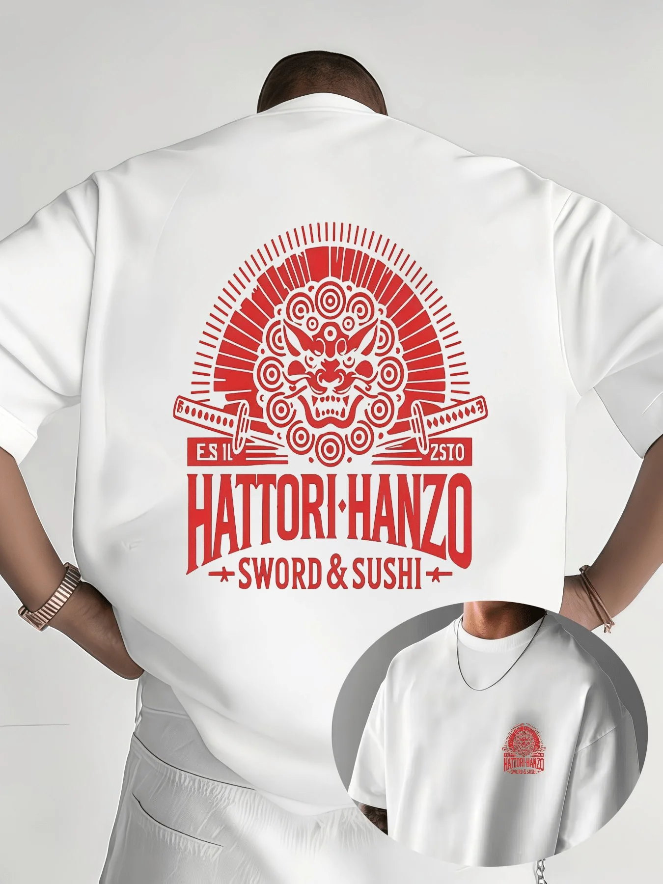 Hattori Hanzo Japanese Samurai Oni Mask Print Men'S T-Shirt Trendy Street Style Individual Round Neck Short Sleeve Top