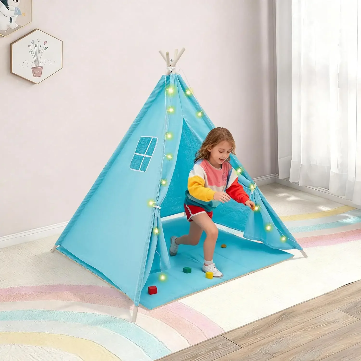 Children's Folding Teepee Tent Indoor W|Carpet and Window, String of Lamps, for Living Room, Children's Room, Bedroom, Camping