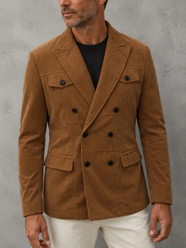 Men's Brown Corduroy Blazer Notch Lapel Double‑Breasted Multi‑Pocket Slim Suit Jacket for Business Casual Daily Party Occasions