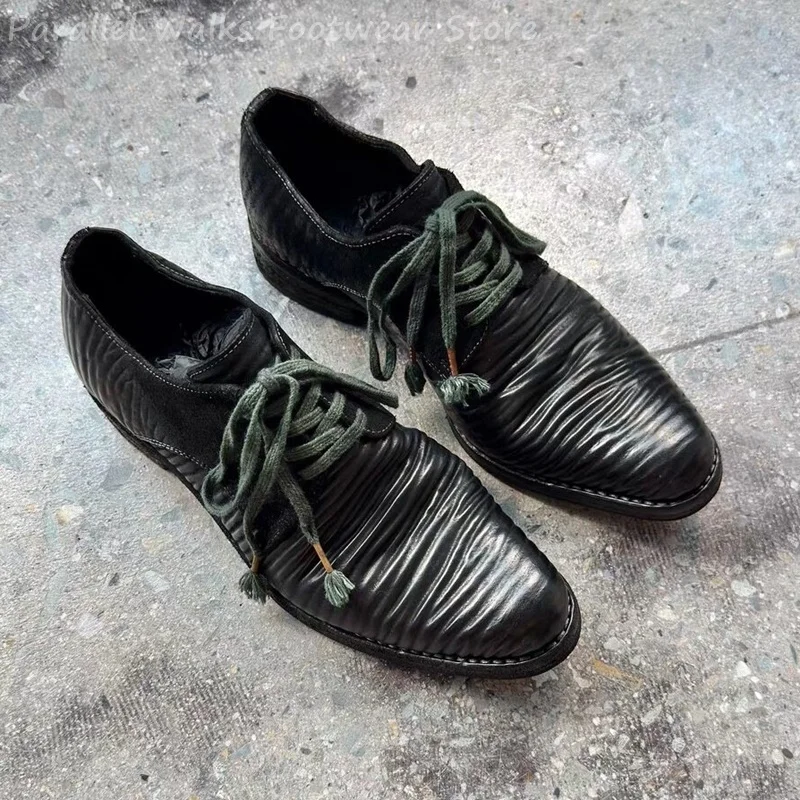 Mens Pleated Leather Derby Shoes Vintage Lace Up Oxfords Retro Smart Casual Low Top Flat Footwear Designer Walking Shoes Styles view 5