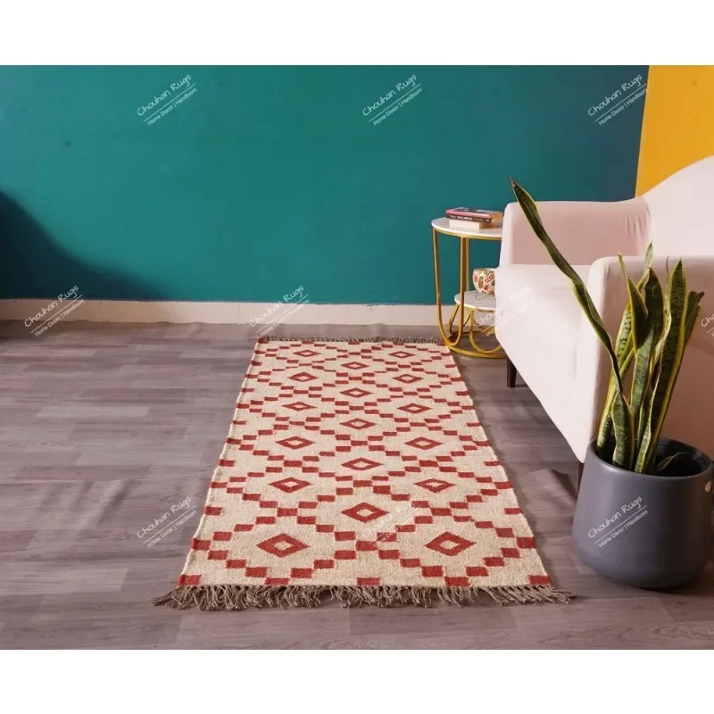 Handmade Off White with Red Design Wool Jute Kilim Dhurrie RunnerFringes Rug