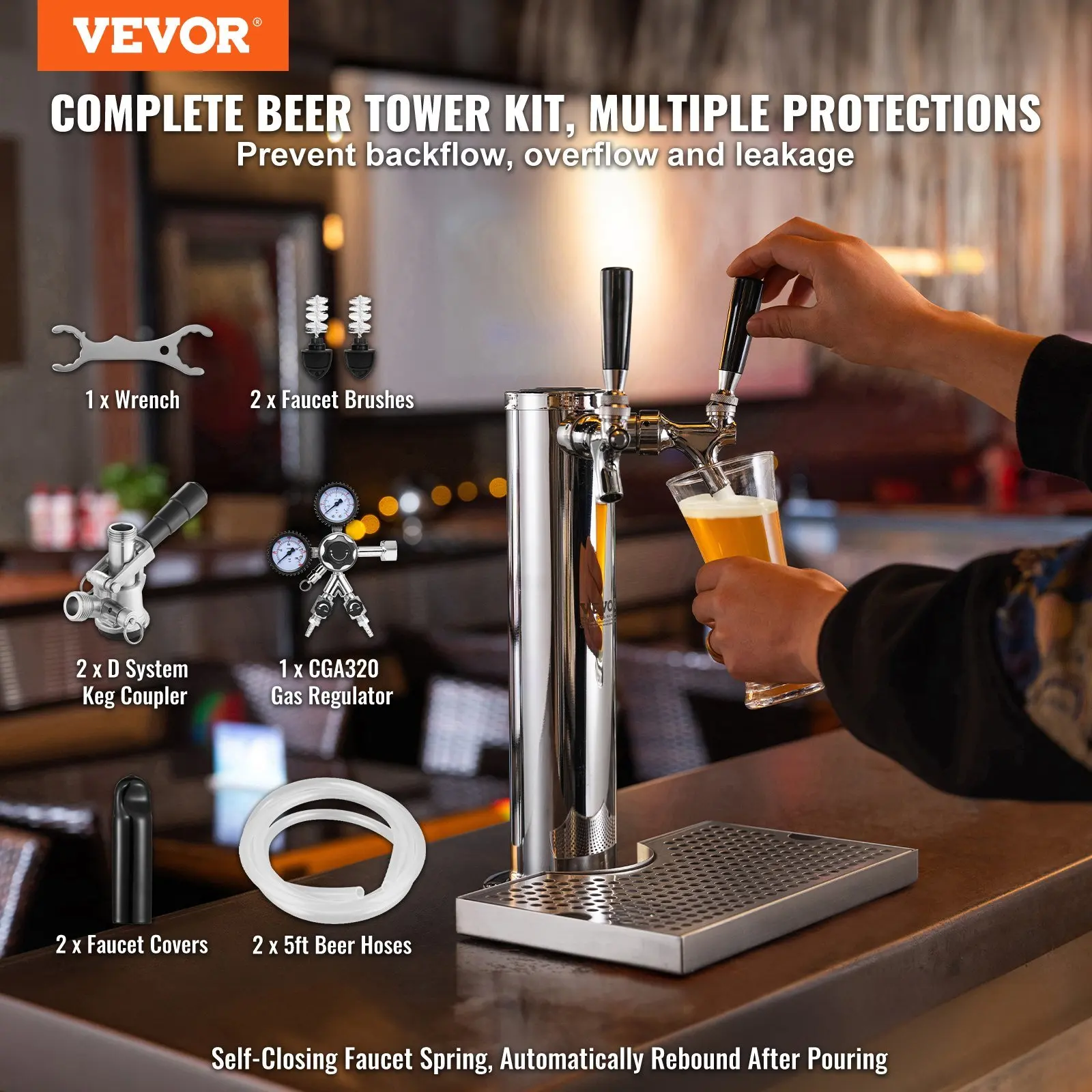 Kegerator Tower Kit, Dual Taps Beer Conversion Kit, Stainless Steel Keg Beer Tower Dispenser