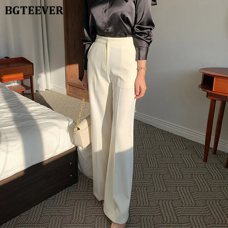 

BGTEEVER стильные женские однотонные прямые брюки с высокой талией и карманами, осенние модные свободные широкие костюмные брюки для женщин