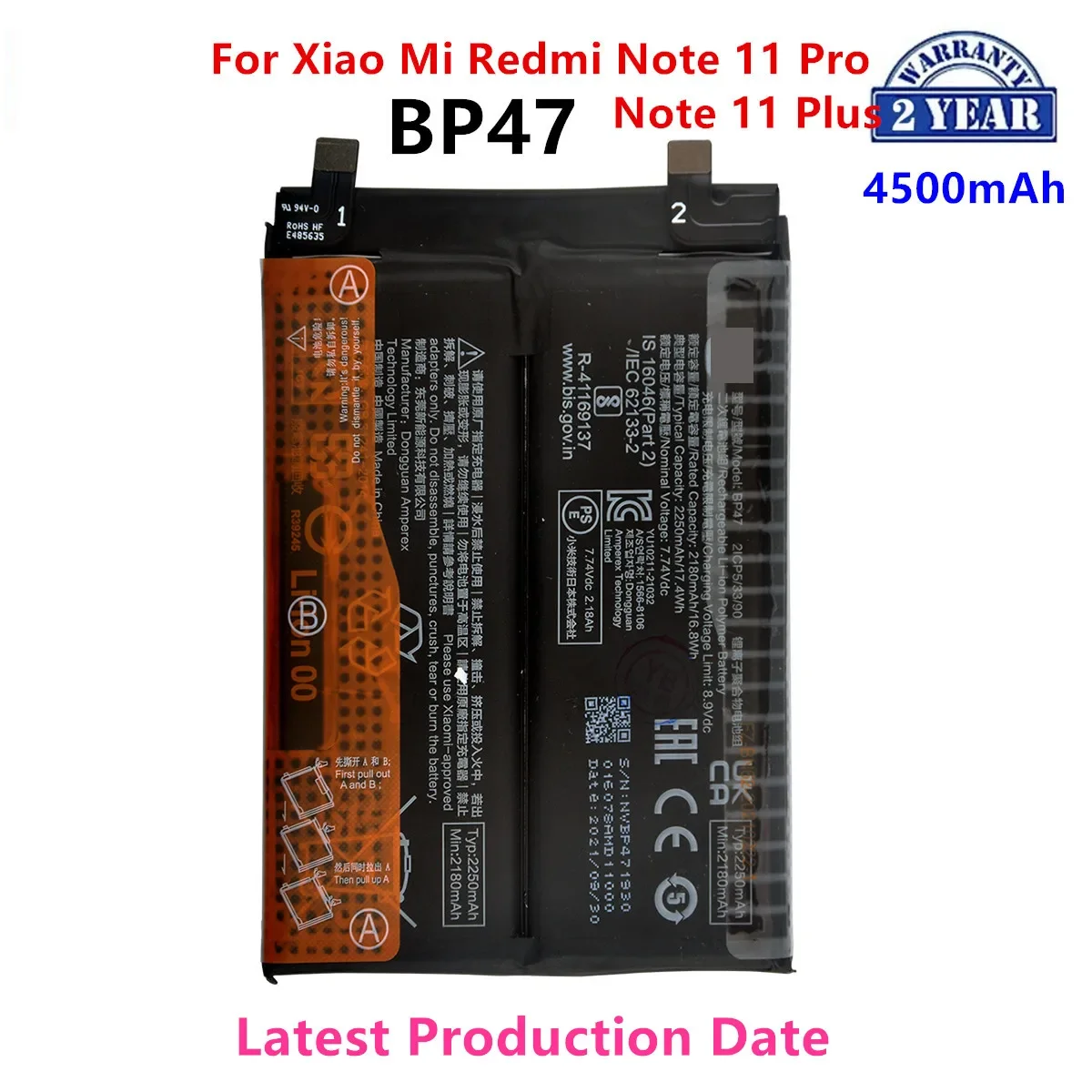 แบตเตอรี่ BP47 4500mAh 100% ของแท้สำหรับ Note11 Xiaomi Mi redmi Note 11 Pro + Note 11 PLUS อะไหล่แบตเตอรี่สำหรับเปลี่ยนโทรศัพท์