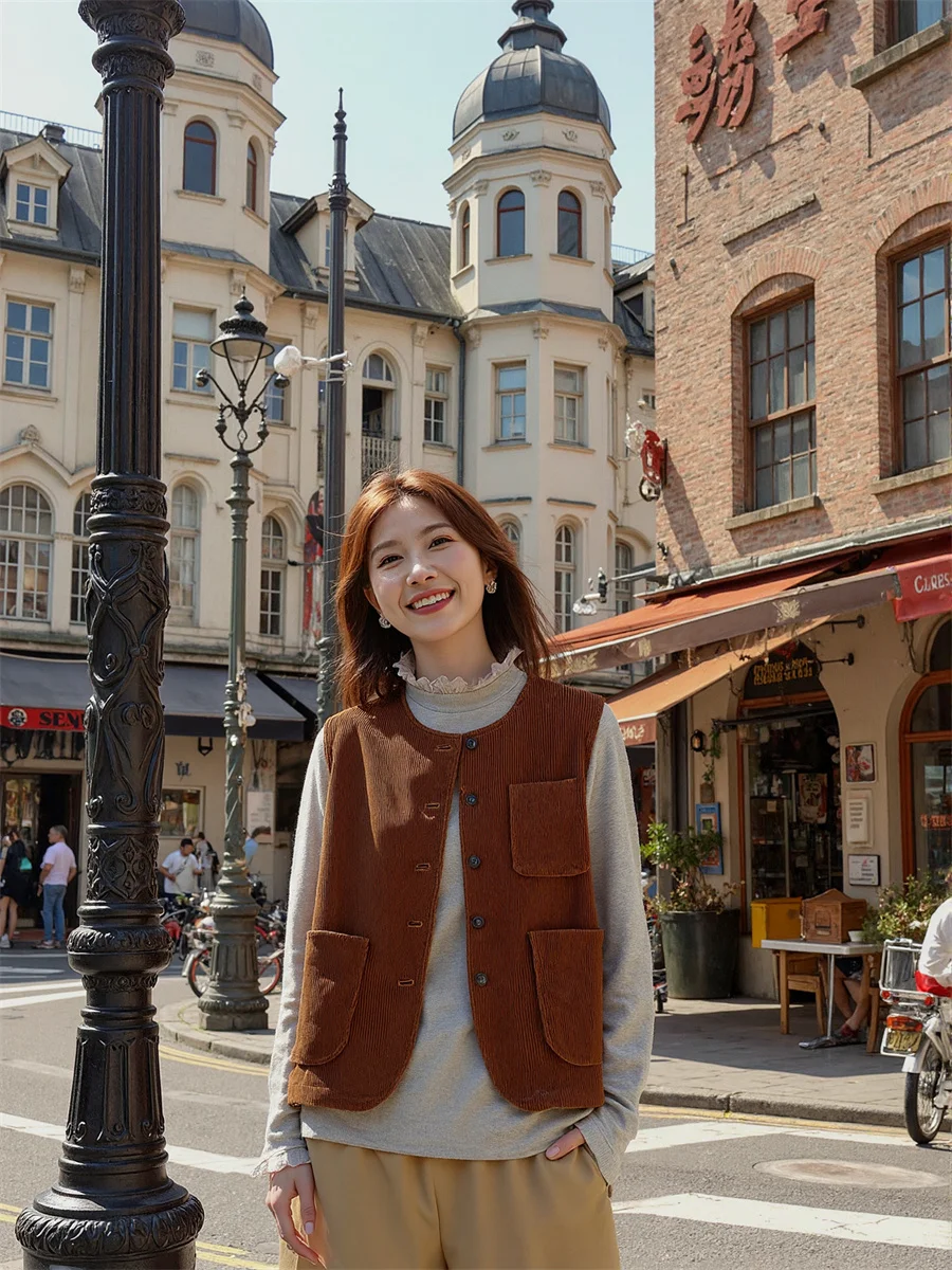 

Women'S Vests Oversized Woman Brown Loose Fit Autumn Thick Quilted Chic Preppy College Sleeveless Button-Down Fashion Warm