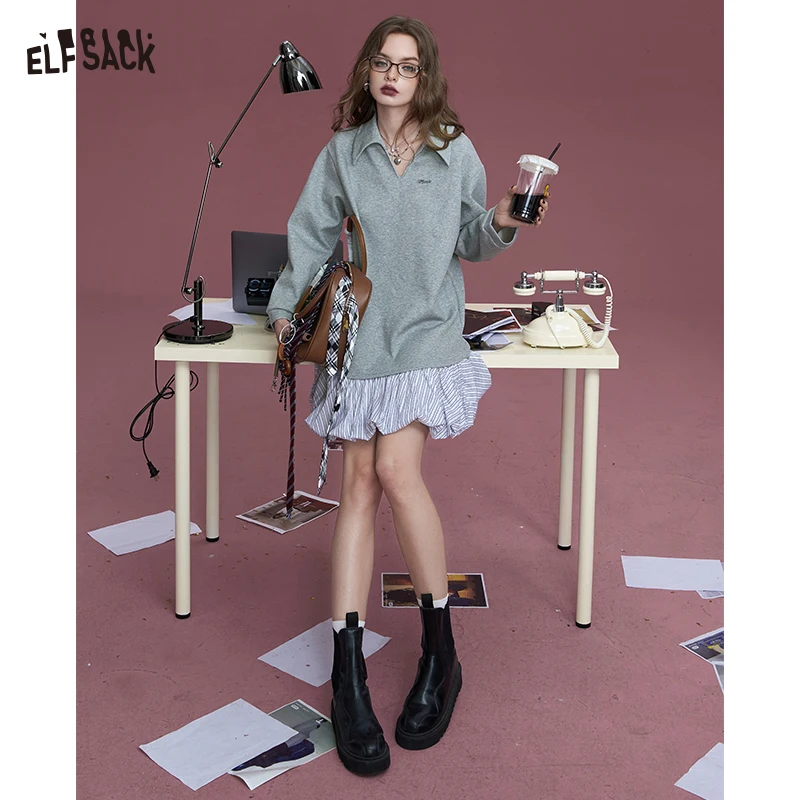 2024 Autumn ELFSACK New Arrivals Gray temperament letter embroidery small design shirt splicing dress for women