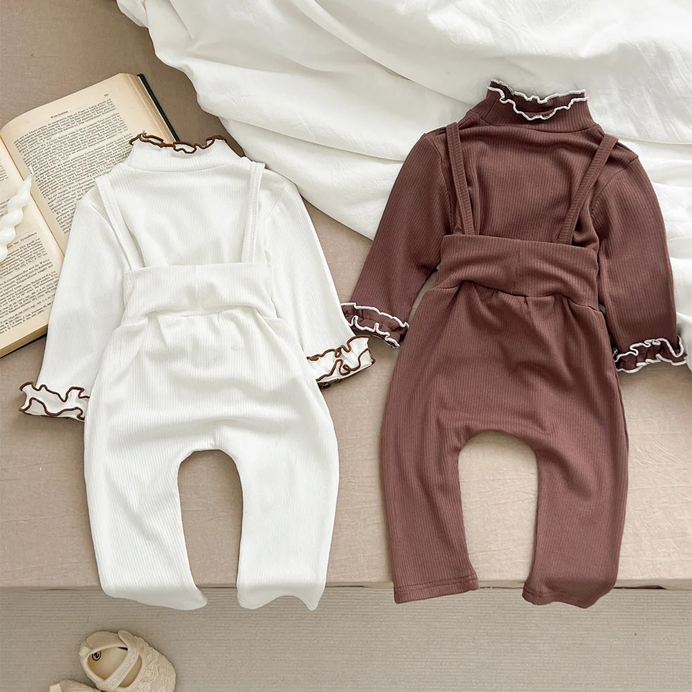 Pants New Camisole Pants Spring Solid Color Flower Edge Tops Baby Lovely 2024 Simple Fashion Baby Clothing Causal Lovely