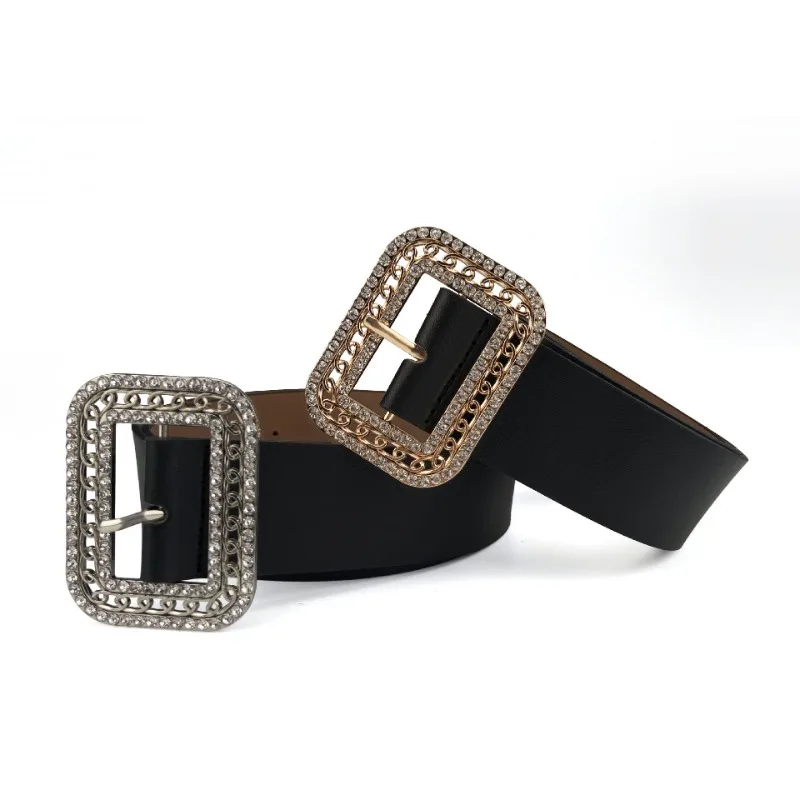 Women's Rhinestone Belt Gold and Silver Thin Buckle with Diamond Cutout Fashion Luxury Belt Jeans Accessories Retro Gothic Style