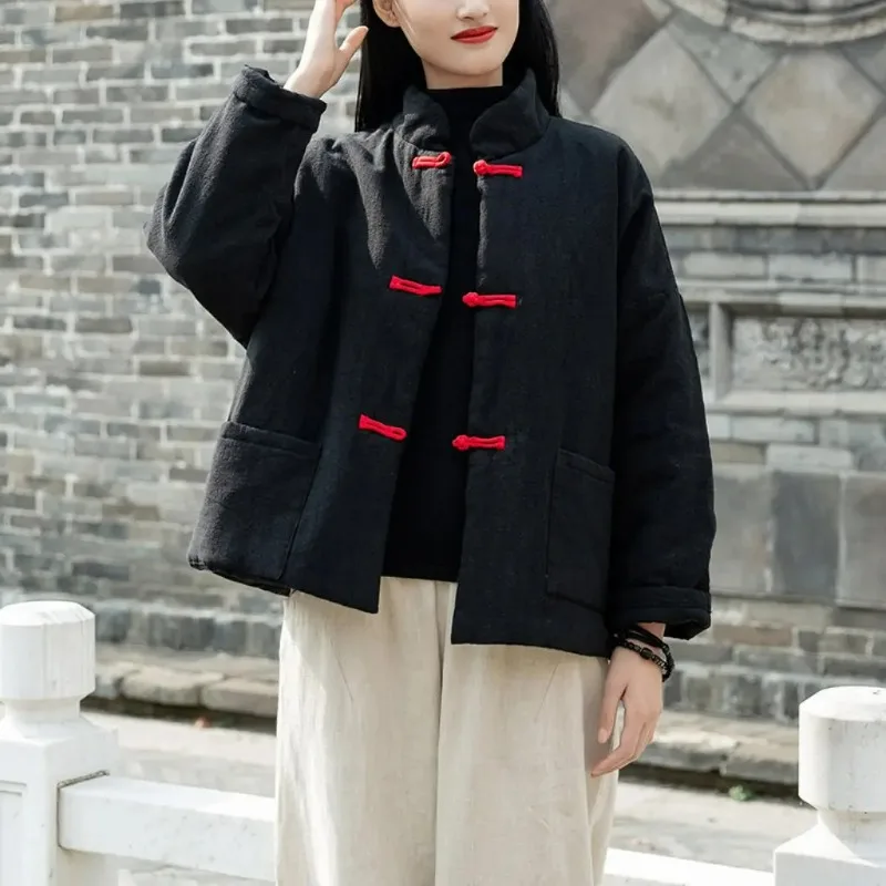 

Куртка в китайском стиле в стиле ретро с пряжкой и воротником-стойкой, женская модная зимняя новая женская хлопковая куртка, повседневная женская одежда