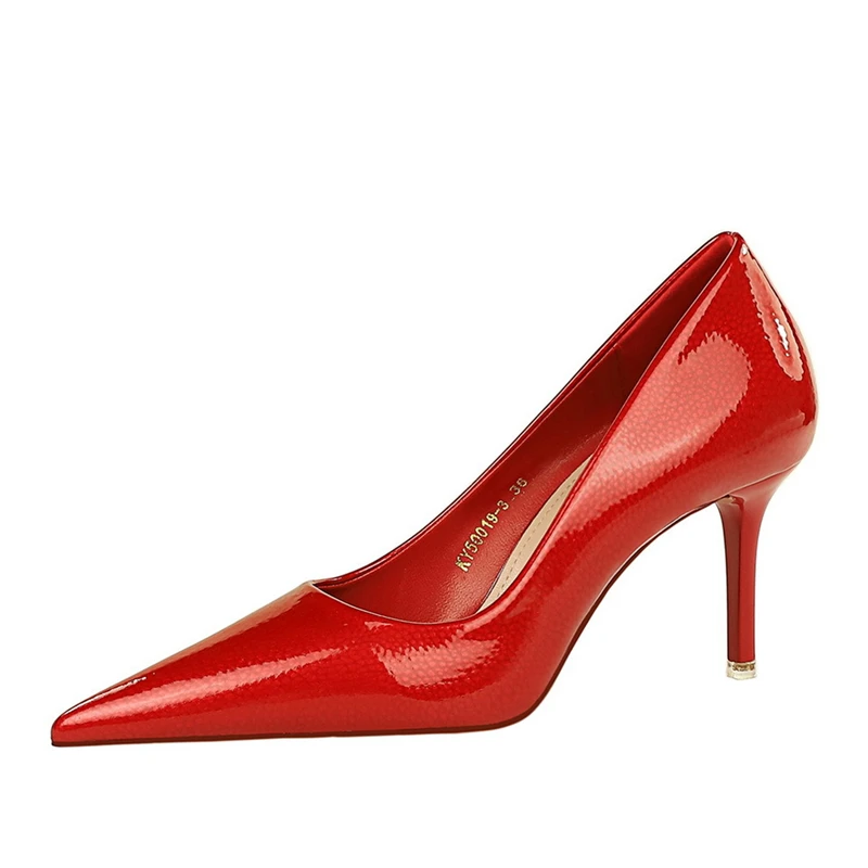 BIGTREE Elegant Simple Woman Heels Slim Heels High Heels Shallow Mouth Pointed Crystal Patent Leather Single Shoes Women Shoes