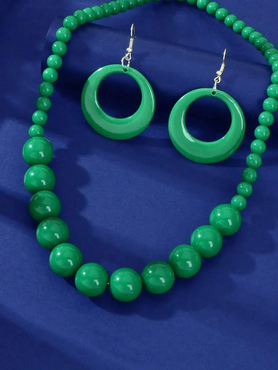 

3pcs Bohemian Style Plastic Bead Necklace And Hoop Earrings Set For Women