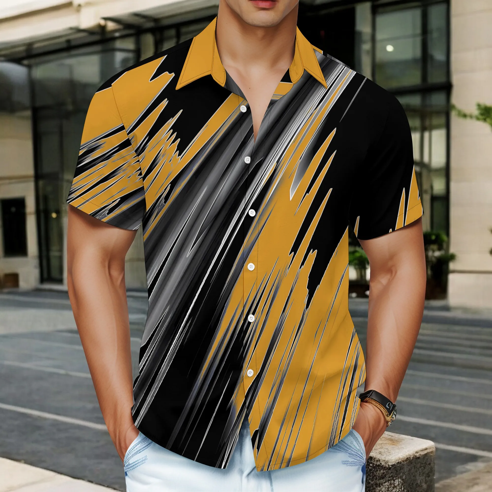 

YEAE Dynamic Brush Stroke Pattern Shirt for Men Summer Casual Short Sleeve Top