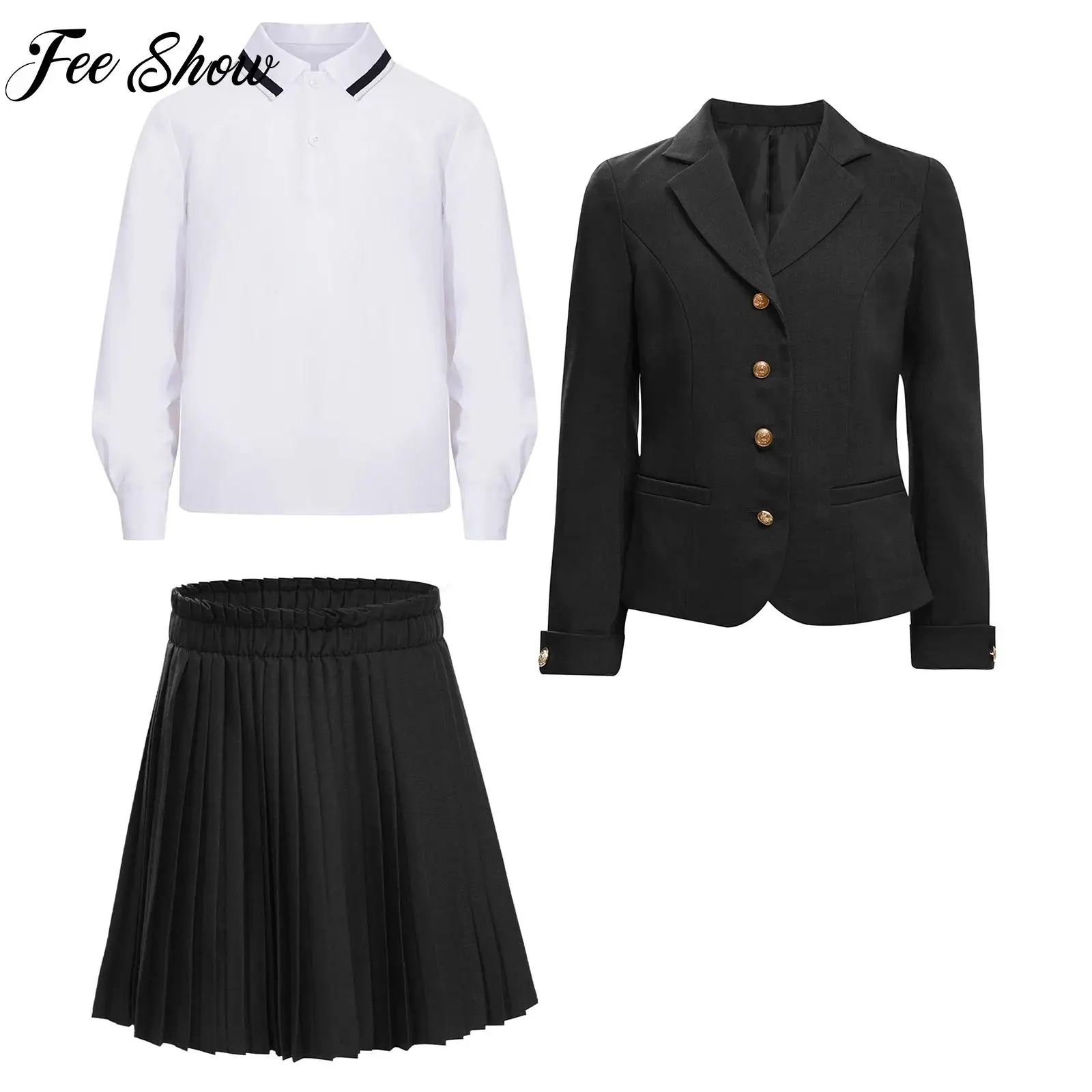 

Girls School Uniform Lapel Button Down Formal Graduation Suit Jacket+Pleated Skirt+Long Sleeve Shirt for Halloween Cosplay Party