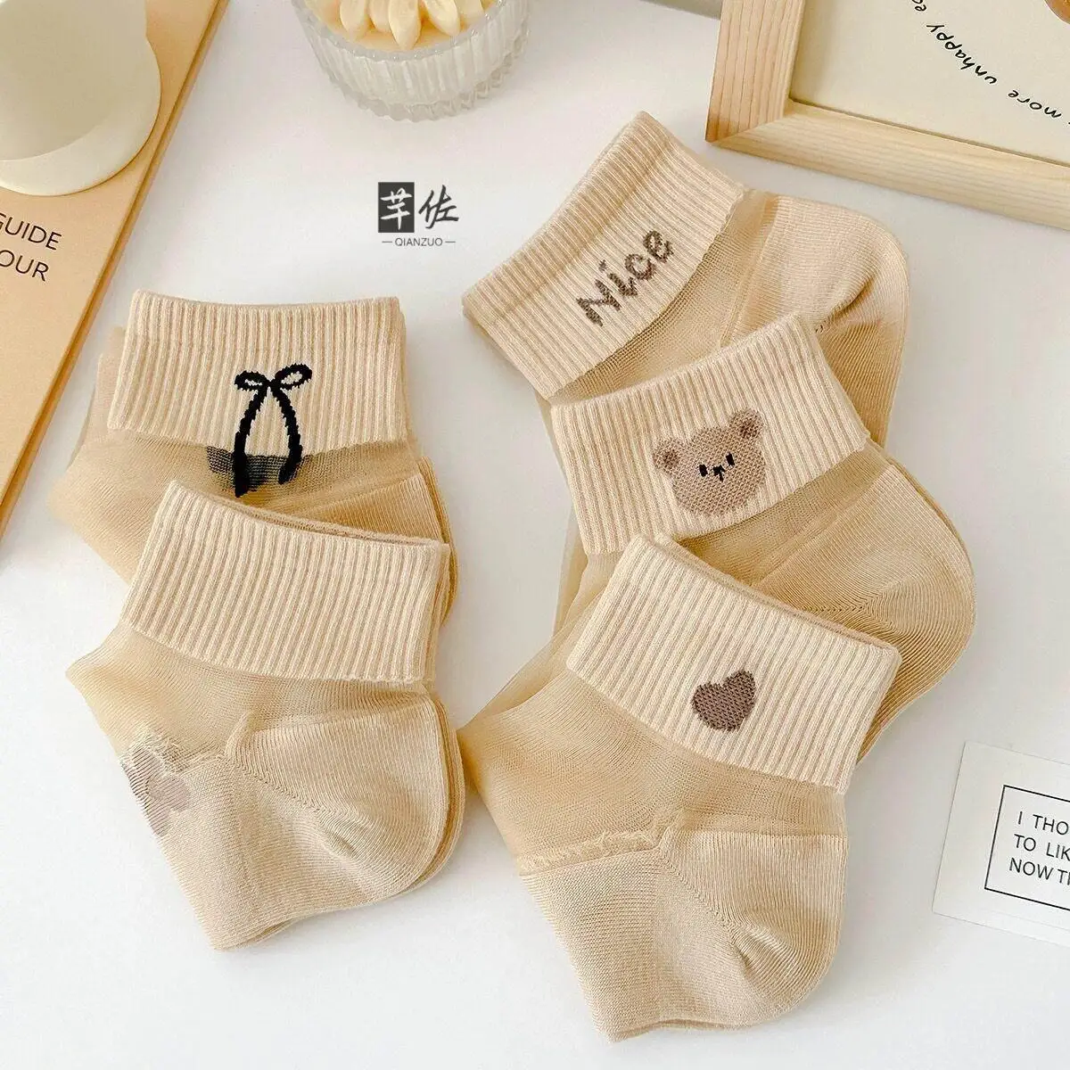 Women's Breathable Thin Short Socks Crystal Glass Ice Silk Lace Trim Short Tube Cotton Bottom Transparent Summer New Arrival