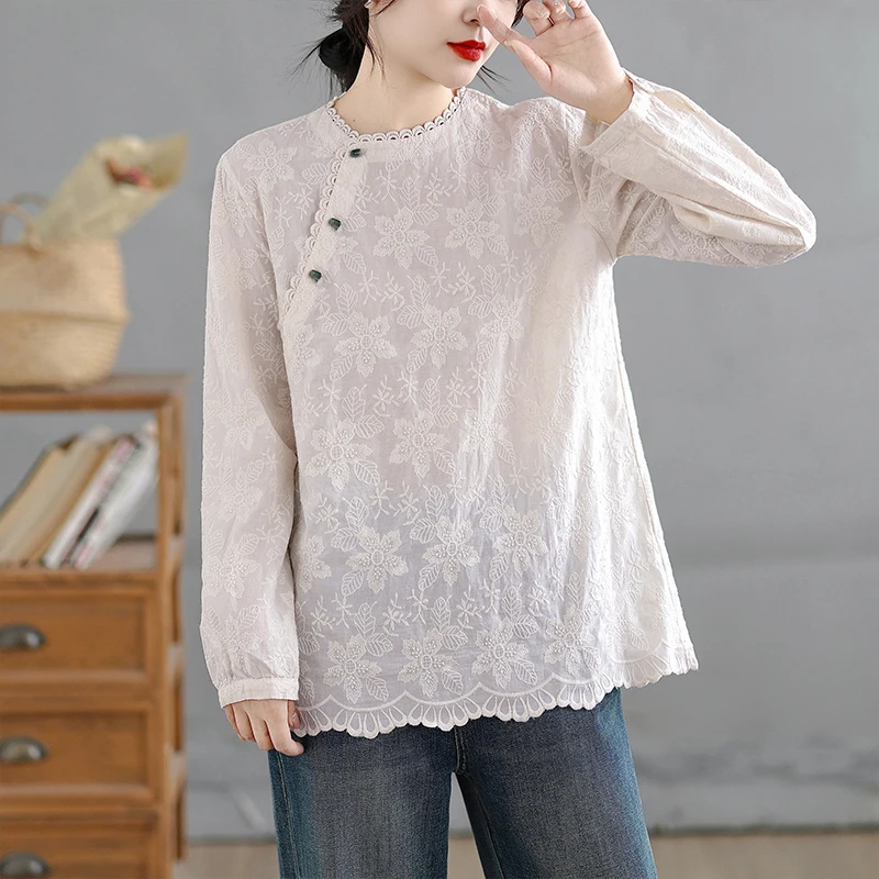 

Элегантная женская рубашка с вышивкой и хлопковым кружевом, универсальная, с длинным рукавом, базовый слой, весна 2026, новинка, повседневный стиль