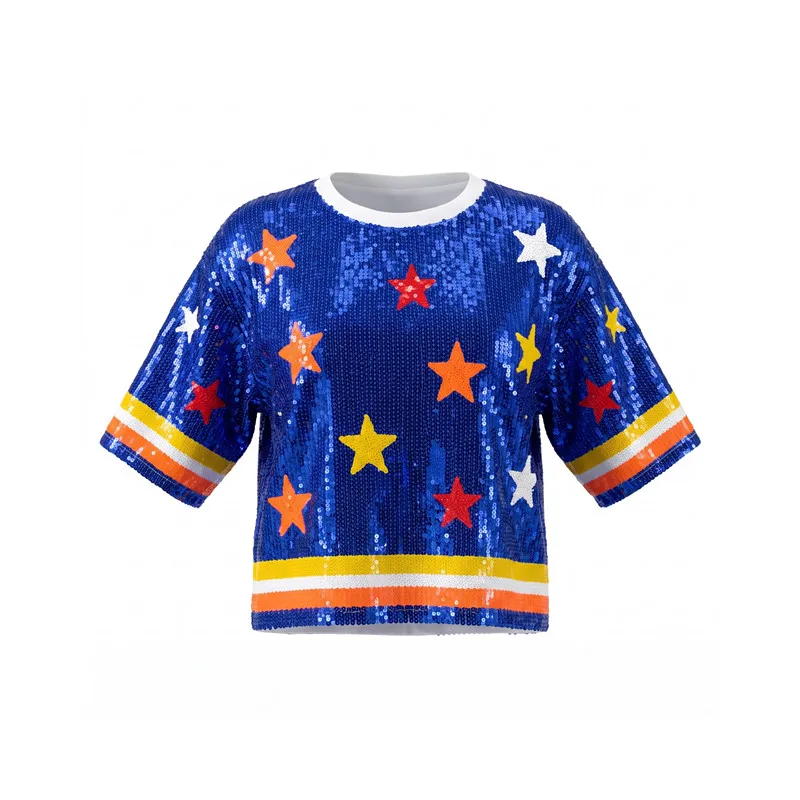 Summer New Simple Round Neck Women Short Sleeved T-shirt Fashion Sequin Star Print Lady Loose Casual Tops
