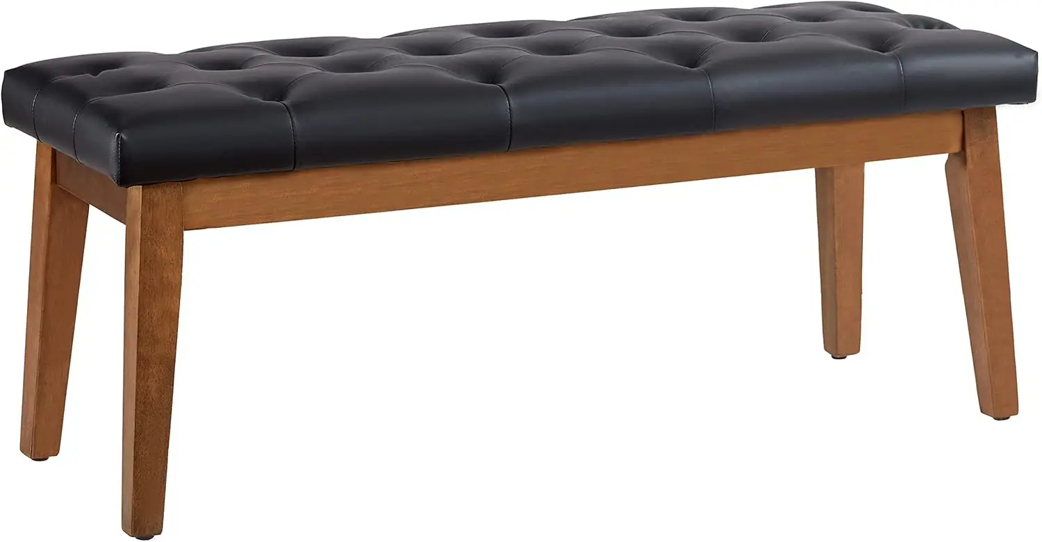 Entryway Bench, Black Leather, Solid Wood, Durable And Wear-Resistant