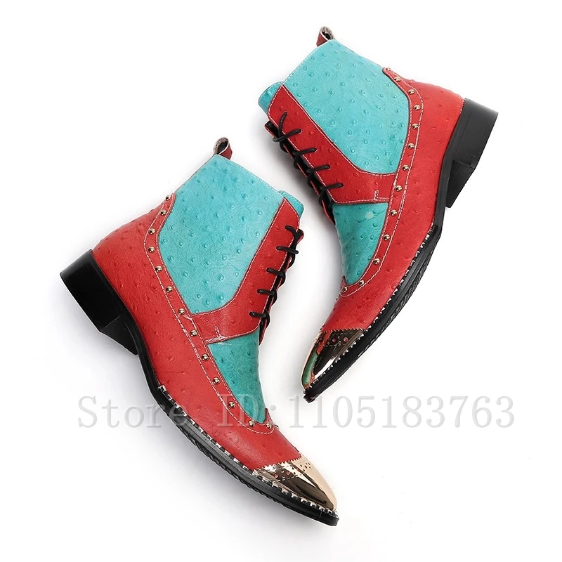 Men Genuine Leather Color Matching Ankle Boots Lace Up Zipper Rivets High Top Ankle Boots Classic Business Dress Boots