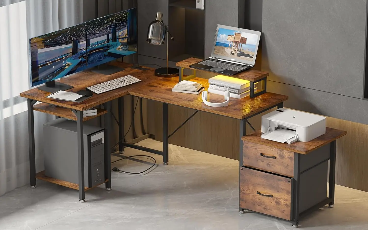 L Shaped Desk with Drawers, Gaming Desk, Corner Computer Desk with Storage and Power Outlet,Reversible U Shaped Work Pc Desk