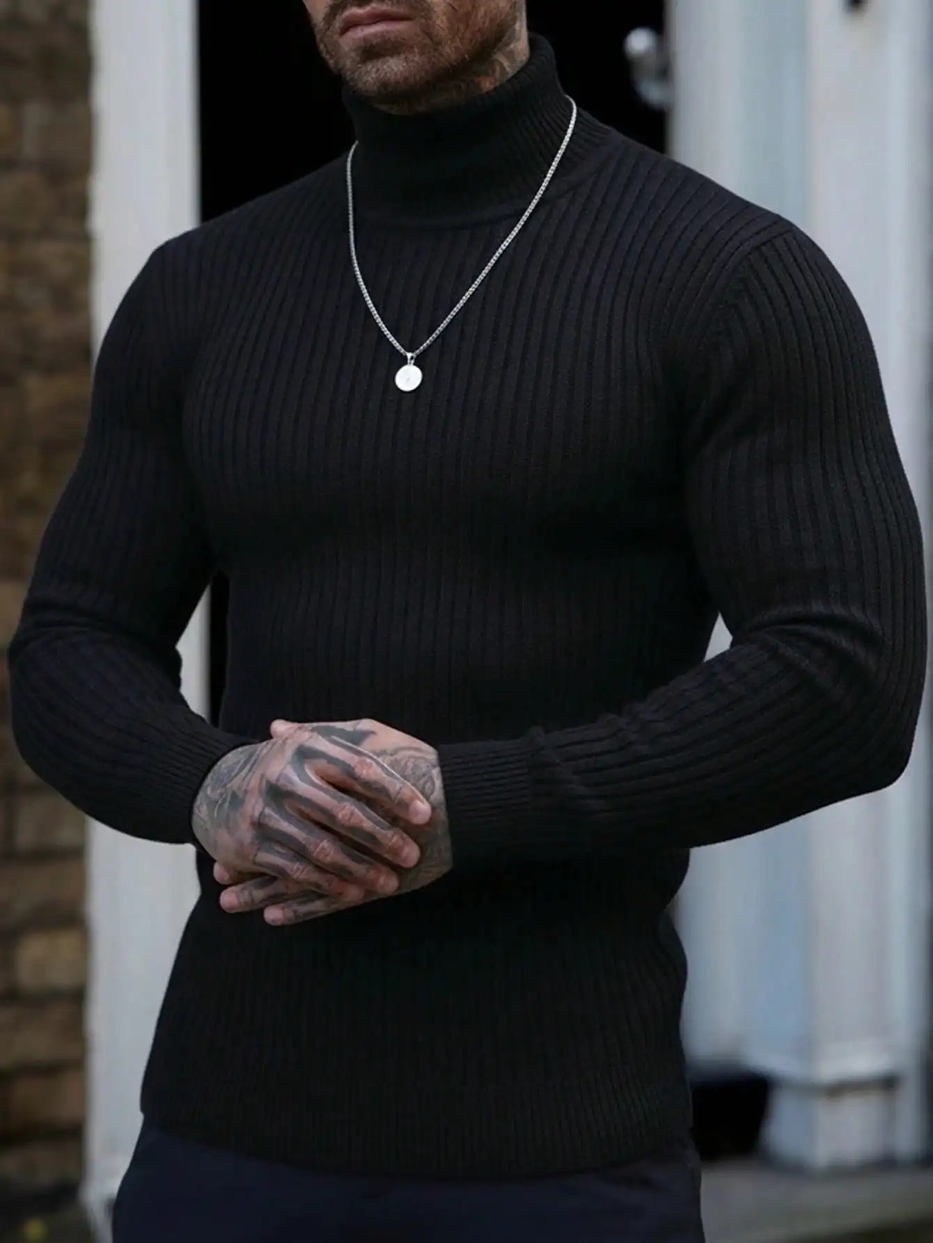 

Мужской однотонный черный свитер с высоким воротником и длинными рукавами для повседневного многослойного ношения