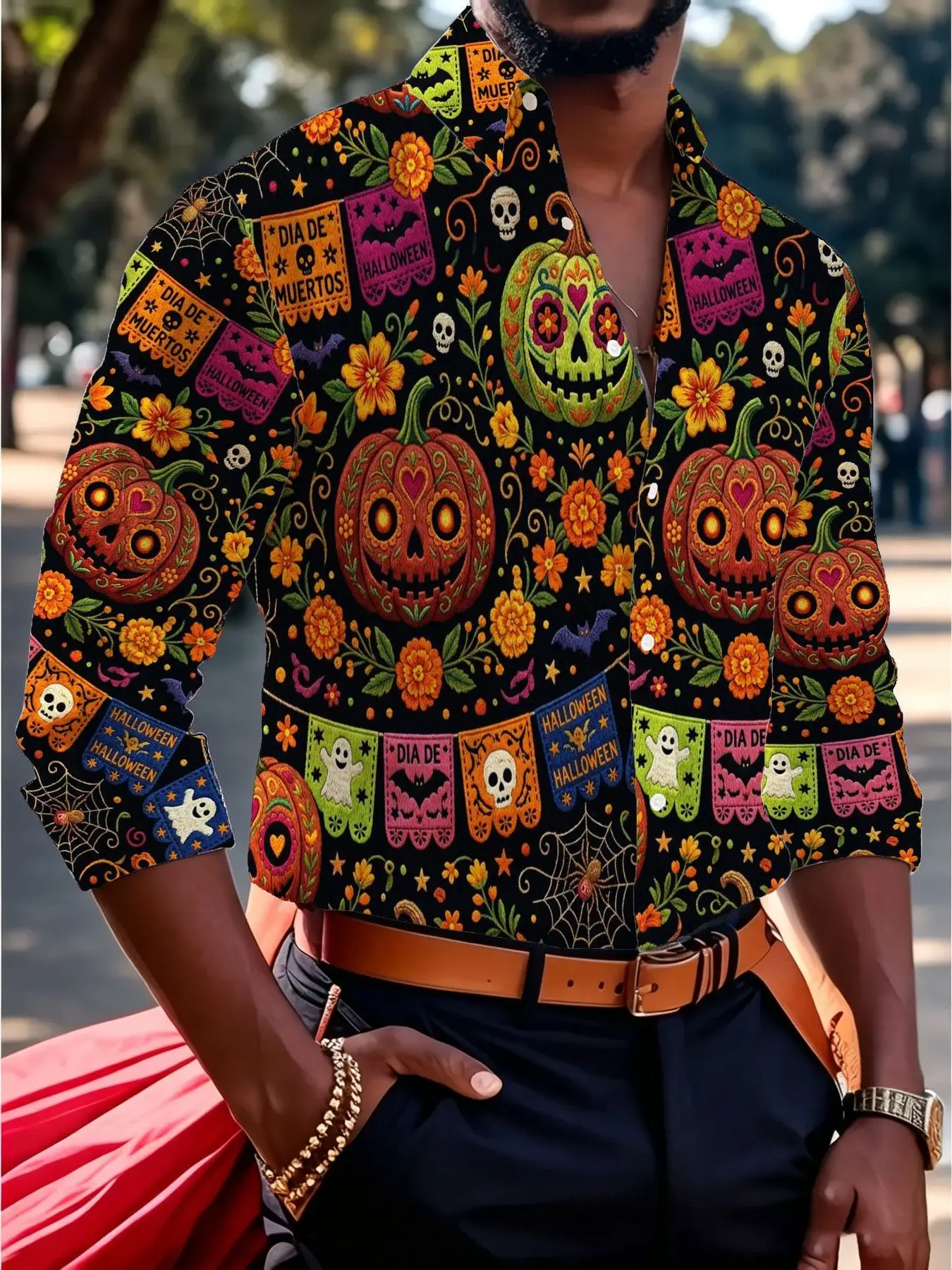 Men Day of the Dead Long Sleeve Shirt, Sugar Skull Pumpkin Floral Ghost Banner Full Print Button Down Blouse