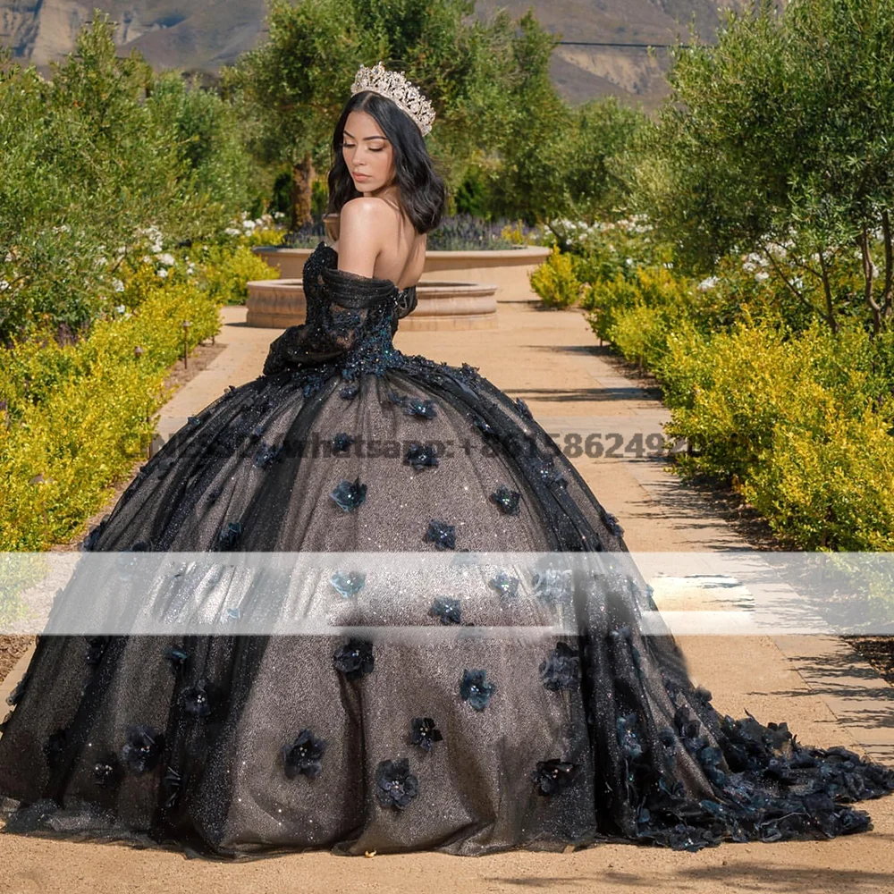 Vestidos negros de quinceañera para niñas, vestidos de manga larga, flores florales, dulce 16 Charro, ropa de cumpleaños mexicana