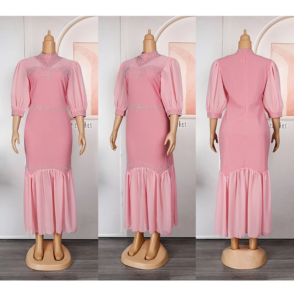 

African Beads Dresses for Women Elegant Party Evening Chiffon Gown Africa Ankara Maxi Dress Dubai Abaya Kaftan Femme Vestidos