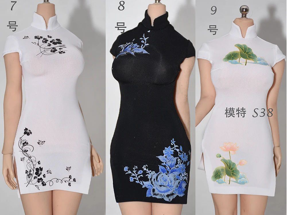 Масштаб 1/6, обтягивающее платье Cheongsam из ледяного шелка для женщин, средние, большие, пухлые груди, фигурки тела