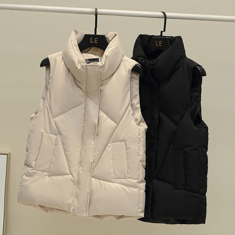 

Cotton Vests Sleeveless Coat Women Puffer Parkas Warm Waistcoat Outwear Stand Collar Covered Button Padded Jacket Autumn Winter