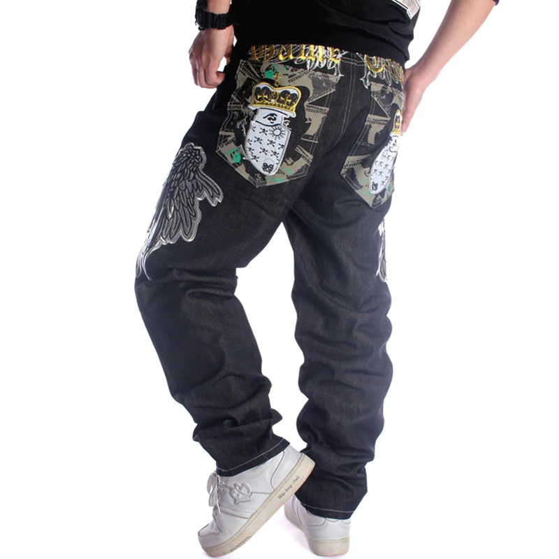 Men\'s hip hop jeans Plus size loose streetwear baggy denim pants Fashion letters hawk wings skull crown long trousers