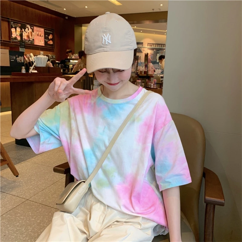 Tie Dye Summer T-Shirt Cotton Colorful INS Fashion Short Sleeve Tshirt For Women High Streetwear Y2K Crop Tops Casual Loose Tees