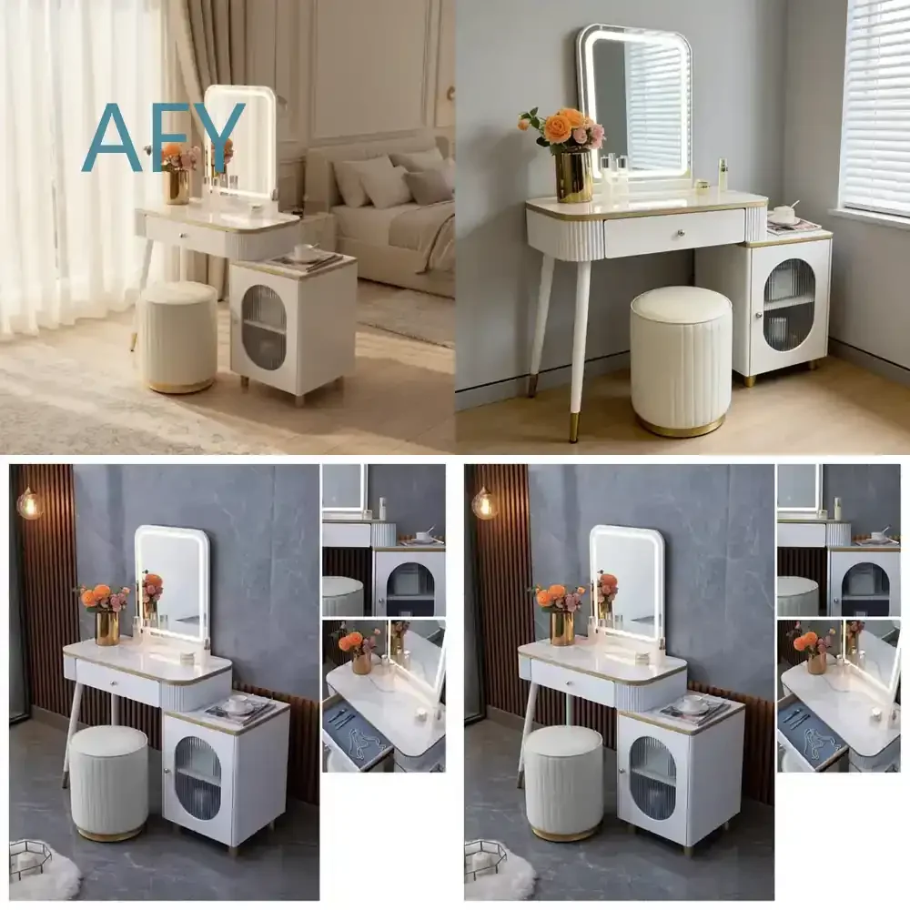 Wholesale Luxury White LED Vanity Desk Set Dressing Table with Side Cabinet CE Certified for Bedroom Hotel for iPhone for