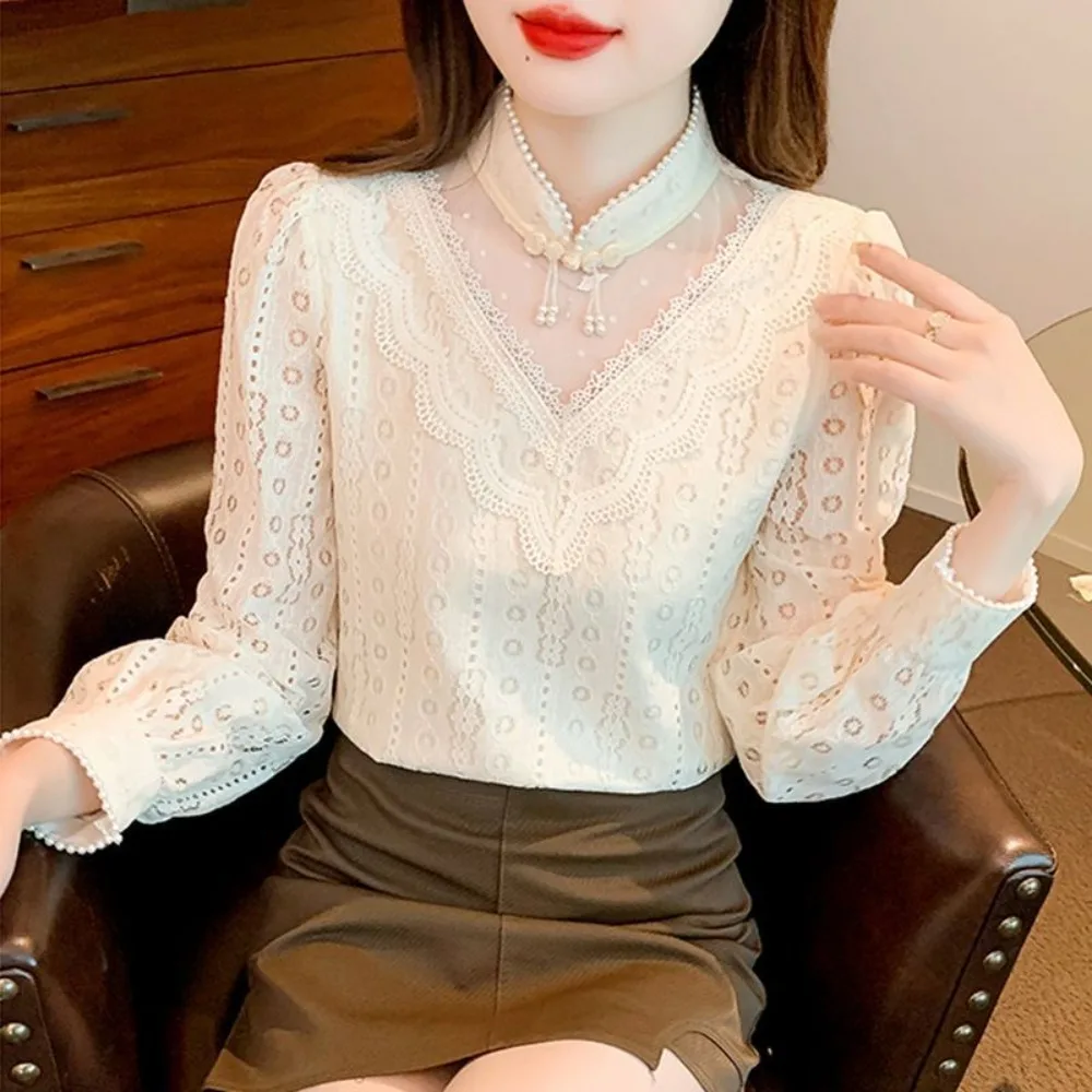 

Новая женская блузка в китайском стиле с бархатной подкладкой и кружевным низом, теплая осенне-зимняя кофта с длинным рукавом, элегантная женская блузка больших размеров