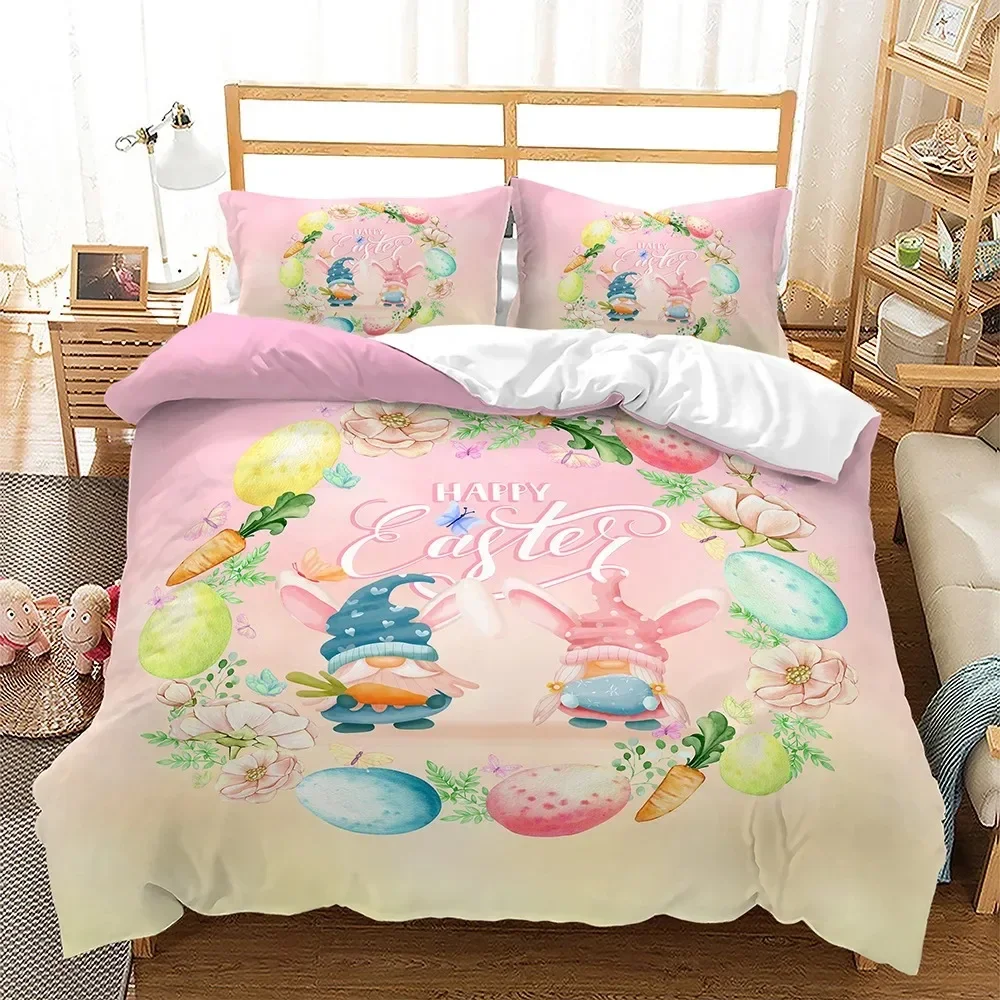Easter Beautiful Pink Egg Rabbit Bunny Supplies Set Duvet Cover Set Bedding Sets Adults Bed Pillowcases No Filling Birthday Gift