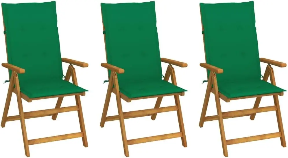 Folding Dining Chair Set, 3Pcs Solid Wood Foldable Kitchen Chairs With Green Cusion, 5 Adjustable Position Outdoor Arm Chair,