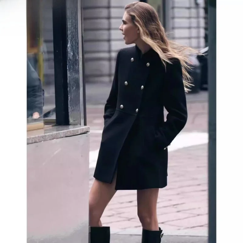 

Модное женское двубортное пальто из шерстяной смеси, осенне-зимняя новинка, приталенный крой, длинный рукав, средней длины