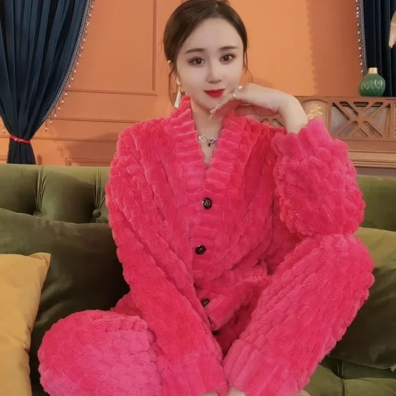Famale Coral Velvet Pajamas Women Autumn Winter Loungewear Plush Thickened Nighty 2024 New Warm Large Flannel Home Clothing Sets