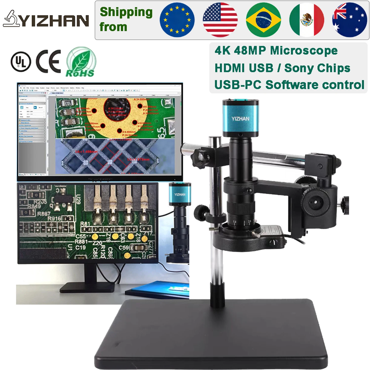 Yizhan 4K 1080P Microscopio Digital Electrónico, Cámara de Microscopio para Soldadura HDMI USB de 48MP, Lente de 180X 215X para Ampliación de Imágenes