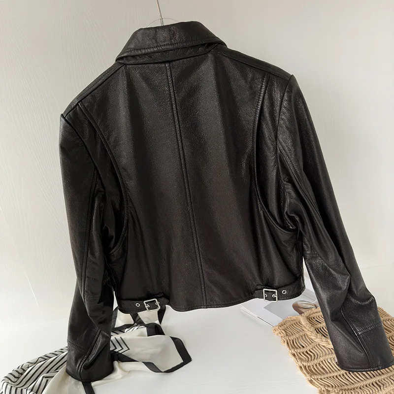 100% couro real moto & biker jaquetas curtas para as mulheres 2025 outono casual retro marrom zíper feminino jaqueta de couro genuíno casacos