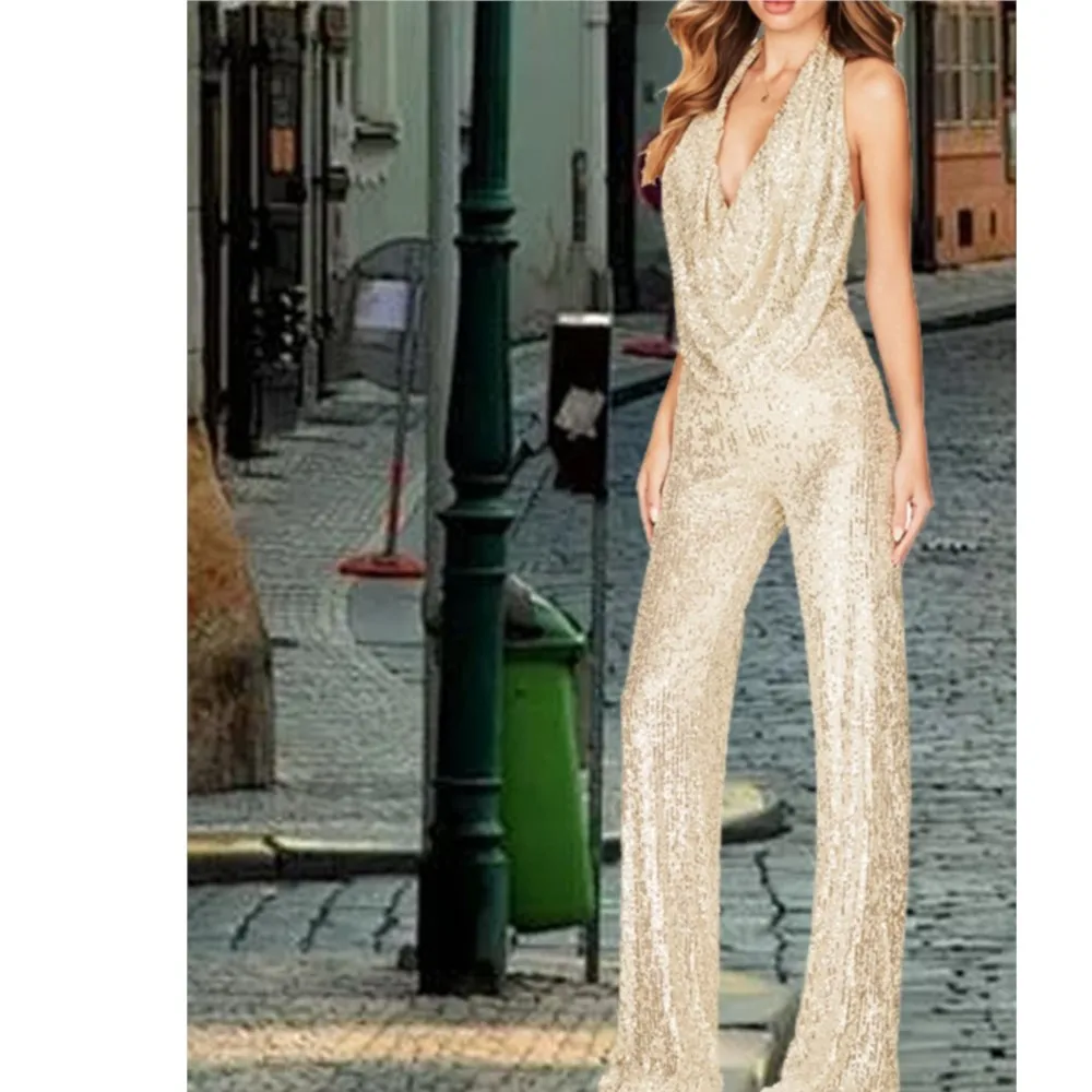 

Сексуальный женский комбинезон без рукавов с глубоким v-образным вырезом и открытой спиной, весна-лето, новая мода, тонкие элегантные женские брюки с блестками, 2025 г.